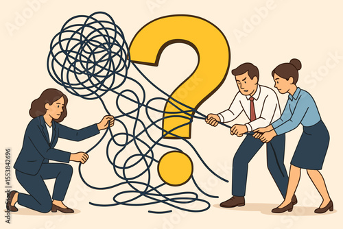 Business team solving a complex problem. Concept of collaboration, partnership and teamwork. People untangling a difficult knot of chaos to find a solution to a big question.