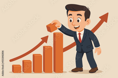 Businessman building a company growth bar chart with a rising arrow. Concept of business success, financial profit, career development and investment strategy. Cartoon vector illustration.