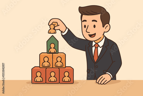 Businessman building a team structure, a concept for network marketing or MLM. Vector illustration of a pyramid scheme, business hierarchy, recruitment, and organizational growth.