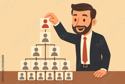Businessman building a network marketing hierarchy. Concept of MLM or multi-level marketing. Leader recruiting people for a pyramid scheme. Cartoon vector business illustration.