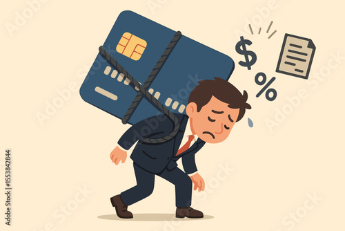 Financial problems concept. Stressed businessman carrying a heavy credit card. Metaphor for debt burden, loan obligations, bankruptcy, high interest rates, and payment crisis.