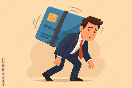 Man burdened by credit card debt. Sad cartoon businessman character carrying a giant credit card. Concept for financial problems, bankruptcy, stress, overspending, and loan crisis.