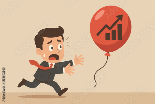 Panicked businessman chasing a red balloon representing inflation and rising prices. Financial crisis and economic bubble concept. Stressed investor losing market control. Vector.