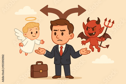 Businessman choosing between good and bad decisions with an angel and devil on his shoulders. Moral dilemma concept, ethical conflict, crossroads choice between right and wrong.