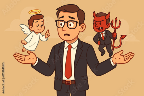 Businessman choosing between good and bad, angel and devil. Metaphor for moral dilemma, business ethics, and temptation. Concept for difficult choice, conscience, and decisions.