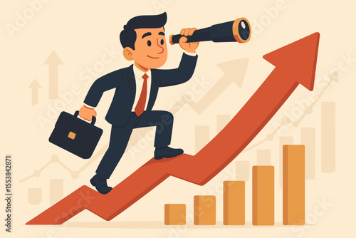 Businessman with a telescope climbs a growth arrow, predicting market success. Business vision concept for future profits, financial forecast, leadership, and career development.