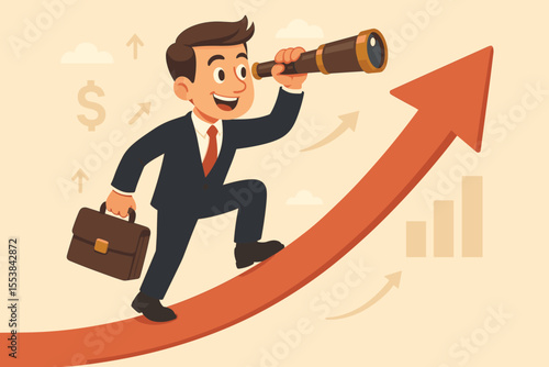 Business vision concept. Businessman with telescope climbs arrow predicting market growth. Financial forecast for future profits and earnings. Career success and investment strategy.