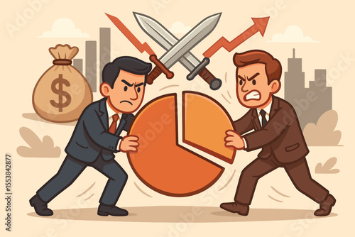 Business competition concept with two businessmen fighting for market share. Corporate rivalry metaphor, investment conflict, and trade war over a pie chart for economic benefits.