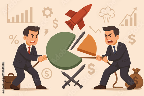 Businessmen in a tug of war for market share. Metaphor for corporate competition, investment conflict, and trade war. Fight for economic benefits and corporate dominance. Vector cartoon.