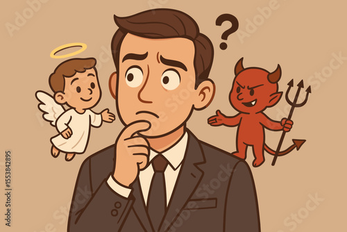 Ethical choice concept with a businessman making a moral decision. Angel and devil on shoulders representing a dilemma, good versus evil, conscience, and temptation. Vector cartoon.
