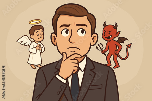Businessman with an angel and devil on his shoulders making a moral choice. Concept of ethical dilemma, inner conflict, conscience, and temptation. Good versus evil. Right vs wrong.