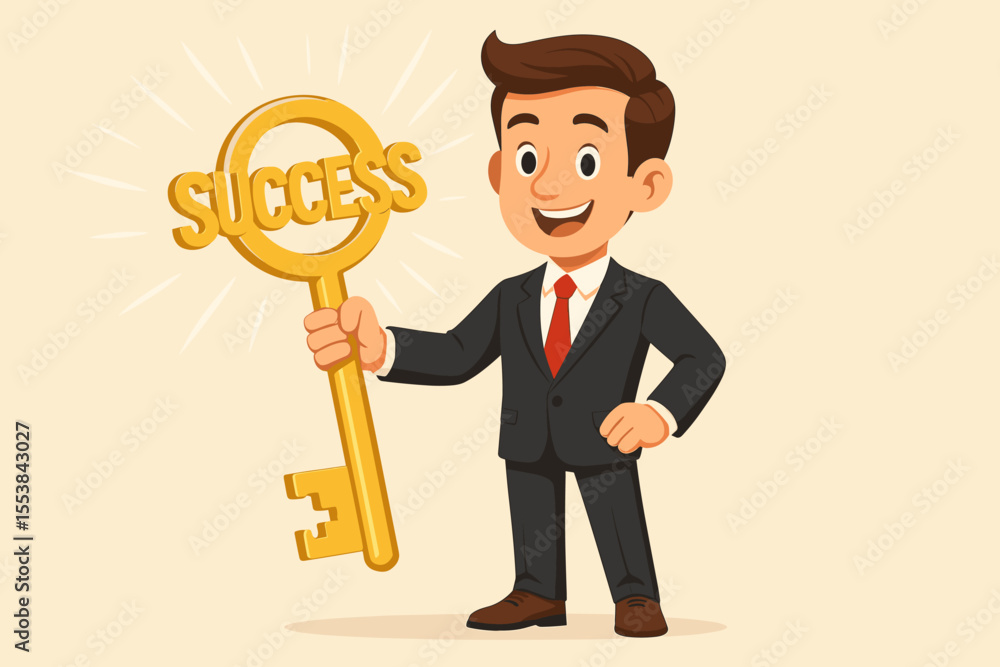 Confident businessman in suit holding large golden key symbolizing success, leadership, achievement, opportunity, unlocking potential, business growth, motivation, cartoon vector illustration Confident businessman in suit holding large golden key symbolizing success, leadership, achievement, opportunity, unlocking potential, business growth, motivation, cartoon vector illustration