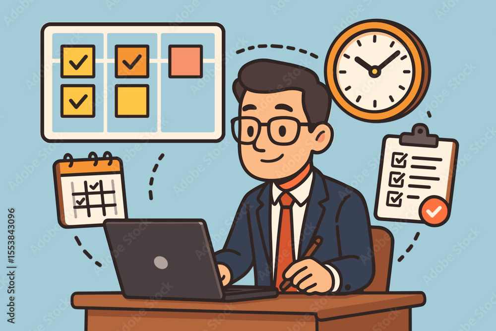 Cartoon business professional managing project tasks, time management, productivity planning, workflow organization, calendar scheduling, checklist, laptop, office workspace vector illustration Cartoon business professional managing project tasks, time management, productivity planning, workflow organization, calendar scheduling, checklist, laptop, office workspace vector illustration