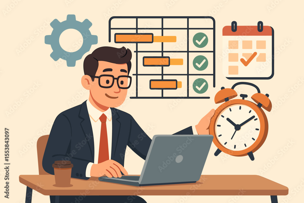 Businessman Managing Time and Project Tasks at Desk with Laptop, Gantt Chart, Calendar, Alarm Clock, Productivity and Workflow Organization Concept, Vector Illustration for Office Planning Businessman Managing Time and Project Tasks at Desk with Laptop, Gantt Chart, Calendar, Alarm Clock, Productivity and Workflow Organization Concept, Vector Illustration for Office Planning