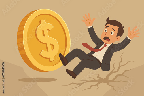 Economic crisis metaphor with panicked businessman falling from a rolling dollar coin. Financial crash, recession, and bankruptcy concept. Business failure, debt, and investment risk cartoon vector.