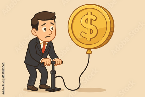 Cartoon businessman inflating gold coin balloon with pump, concept of financial inflation, economic bubble, money growth, investment risk, monetary policy, vector illustration, no text