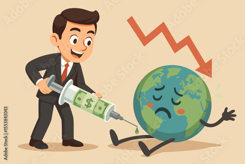 Cartoon businessman injecting money into sad Earth with syringe, economic crisis metaphor, financial stimulus aid, global recession, falling market, economy recovery concept illustration