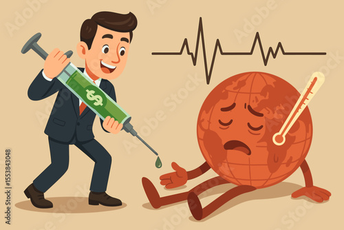Greedy Businessman Injects Money into Sick Planet Earth. Climate Change Crisis. Global Warming Metaphor. Corporate Profit Over Environment. Economy vs Nature. Vector Cartoon Illustration