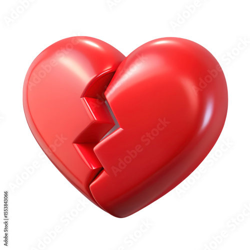 Glossy red broken heart 3d rendering icon isolated on background love and loss symbol