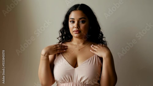 Wallpaper Mural Confident woman in elegant dress adjusts pose with graceful hand movements Torontodigital.ca