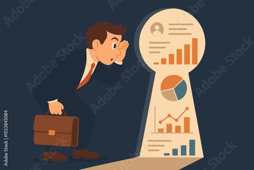 Businessman peering through keyhole discovering confidential company data, insider information, analytics, business intelligence, privacy breach, corporate espionage, vector illustration