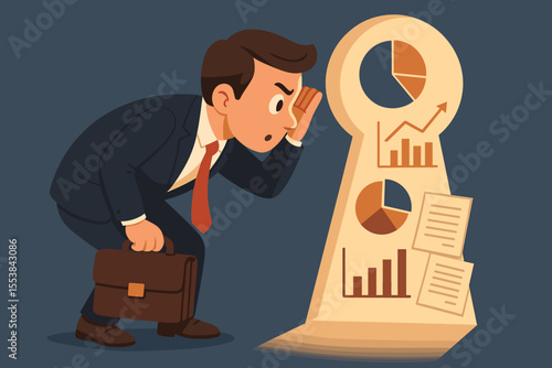 Businessman peering through keyhole discovering confidential company data, insider information, analytics, financial charts, business intelligence, privacy breach, cartoon vector illustration