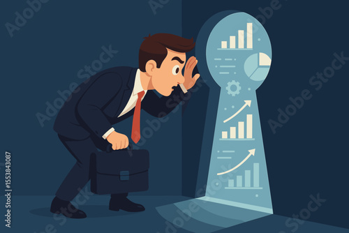 Businessman peering through keyhole discovering confidential business data, analytics charts, insider information, secret market research, financial growth, corporate espionage concept illustration