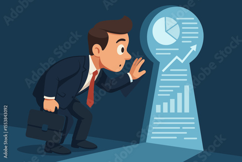Businessman peering through keyhole discovering confidential data access, secret business analytics, financial growth charts, insider information, corporate espionage concept, vector illustration