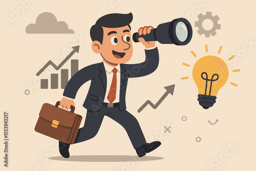 Ambitious businessman searching for new opportunities and innovative solutions, cartoon vector illustration of success, business growth, vision, leadership, idea discovery, future planning