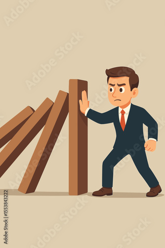 Businessman stopping falling domino effect. Risk management, crisis prevention, leadership, business strategy, problem solving, stability, cartoon vector illustration, financial protection concept