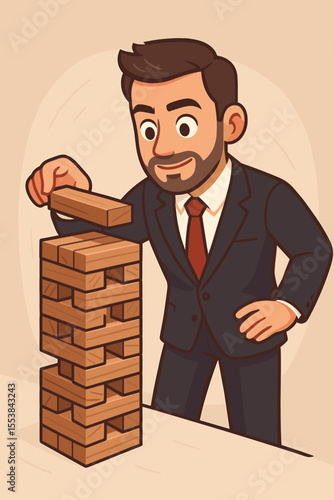 Businessman in Suit Strategically Placing Wooden Block in Tower, Symbolizing Risk Management, Careful Planning, Business Strategy, Decision Making, Leadership, Success, Vector Cartoon Illustration