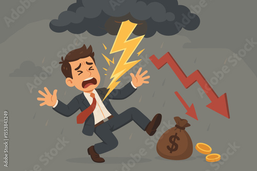 Businessman struck by lightning bolt under storm cloud, red arrow down, financial crisis, business failure, bankruptcy, economic loss, cartoon vector, money bag, coins, stock market crash