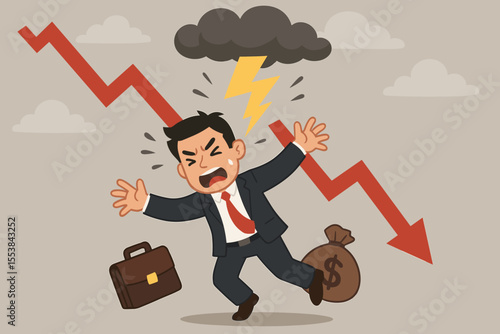 Stressed businessman struck by lightning, financial crisis concept, falling stock market, economic downturn, business loss, money bag, briefcase, red arrow decline, cartoon vector illustration