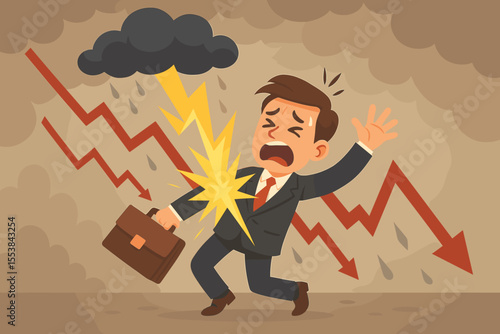 Businessman hit by lightning bolt under storm cloud, symbolizing financial crisis, stock market crash, business failure, economic downturn, risk, loss, bankruptcy, cartoon vector illustration