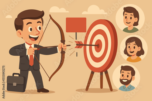 Cartoon businessman aiming bow and arrow at target, marketing strategy, customer segmentation, accurate promotion, advertising campaign, business goal achievement, vector illustration