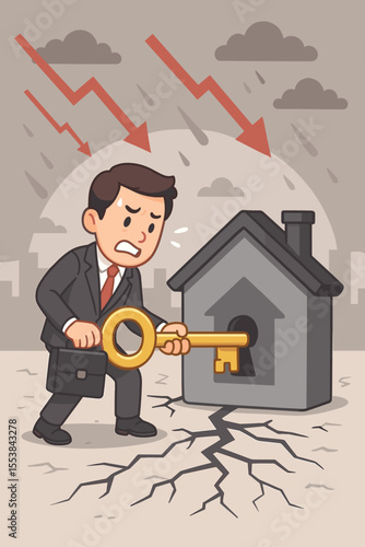 Businessman unlocking house with key, symbolizing mortgage payment problems, housing debt, financial crisis, real estate downturn, economic recession, cartoon vector illustration concept