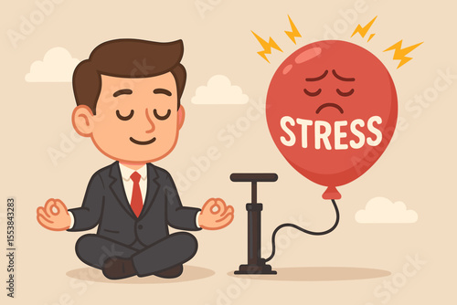 Businessman meditating to reduce stress, deflating anxiety balloon, relaxation and mental health concept, cartoon vector illustration, corporate wellness, stress management, mindfulness practice