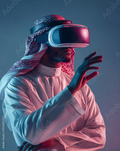 Middle-Eastern AI researcher wearing VR headset, smart casual outfit, futuristic tone