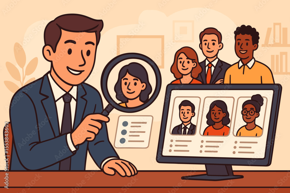 Recruitment concept. HR manager with magnifying glass searches for job candidates. Talent acquisition, human resources, hiring process. Headhunter reviewing resume profiles on computer. Recruitment concept. HR manager with magnifying glass searches for job candidates. Talent acquisition, human resources, hiring process. Headhunter reviewing resume profiles on computer.
