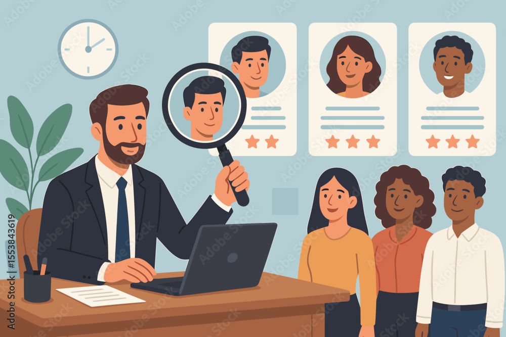 Fototapeta premium HR manager with magnifying glass hiring new employee. Recruitment concept with diverse candidates and CV profiles. Talent acquisition, human resources, and job search vector illustration.