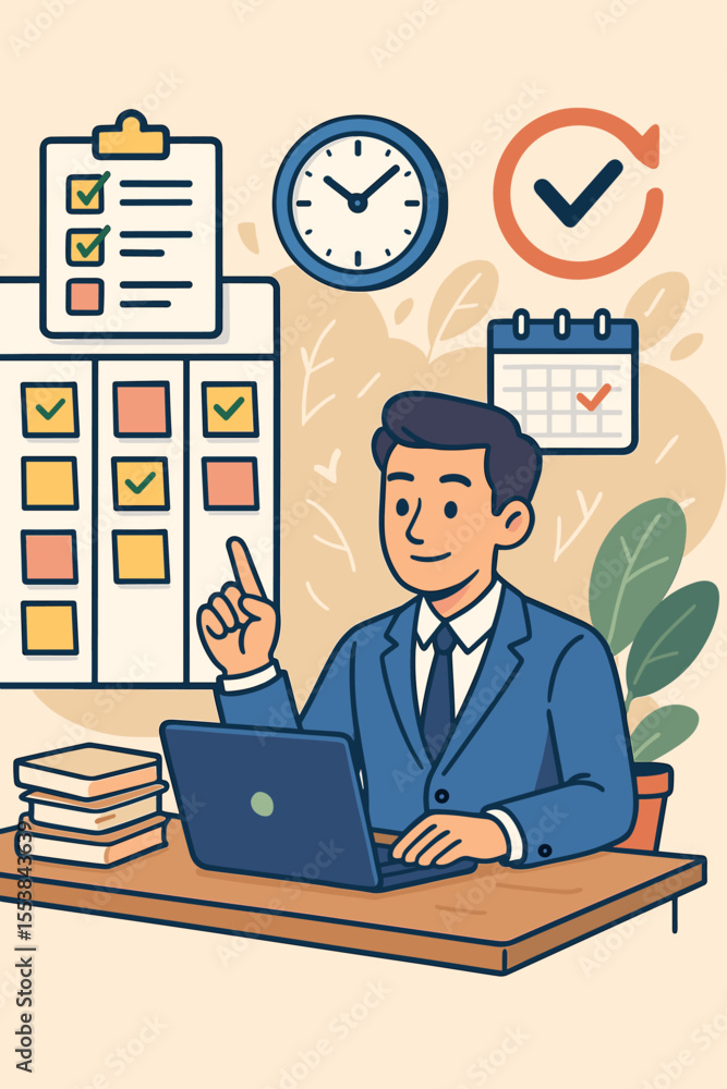 Project management concept. Businessman at desk organizing tasks with checklist and kanban board. Time management, productivity workflow, meeting deadline. Cartoon vector illustration. Project management concept. Businessman at desk organizing tasks with checklist and kanban board. Time management, productivity workflow, meeting deadline. Cartoon vector illustration.