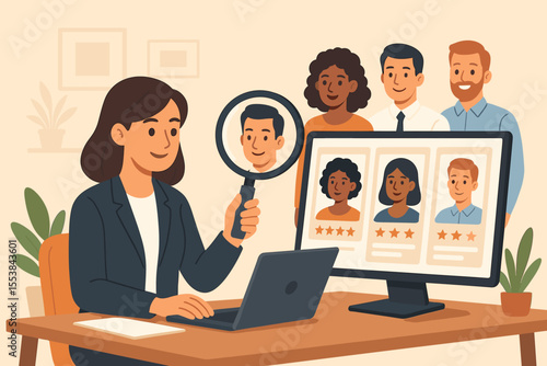 Human resources concept of recruitment and talent acquisition. HR manager with magnifying glass searches for qualified candidate profiles online. Hiring new employee for the company team.