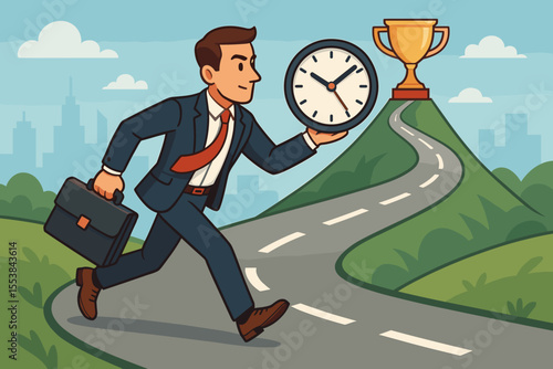 Dynamic Businessman Running with Clock Towards Success Trophy on Mountain Road. Time Management, Business Goals, Achievement, and Efficiency Concept.