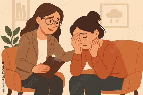 Psychologist comforting a crying woman during a therapy session. Concept for mental health, depression, and counseling. Psychotherapy support for stress, anxiety, and grief. Vector.