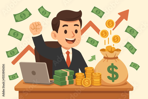 Happy businessman celebrating financial success and profit growth. Successful entrepreneur at office desk with laptop, cash and money bag. Investment return and wealth concept. Vector.