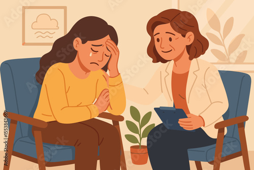 Mental health concept. Empathetic female psychologist comforting a sad, crying woman. Patient at psychotherapy session struggling with depression, stress, and emotional problems.