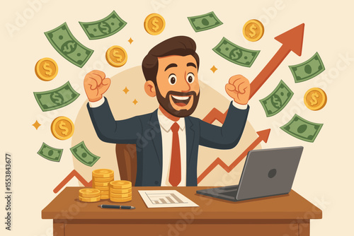 Successful entrepreneur celebrating business profit and financial income growth. Happy man at desk with laptop, money rain, and rising arrow graph. Cartoon vector illustration.