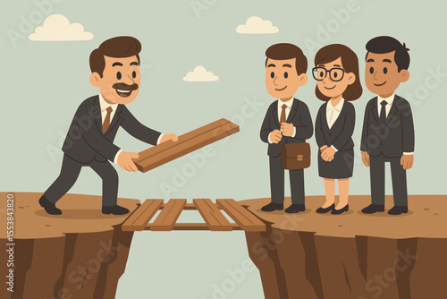 Leader businessman builds bridge over ravine to help team cross. Metaphor for support, problem-solving, overcoming challenges, business leadership, assistance, and teamwork vector.