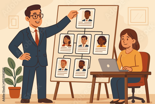 Dynamic business leader constructs organizational hierarchy, strategizing team roles and responsibilities using employee resumes for effective company structure and operations management.