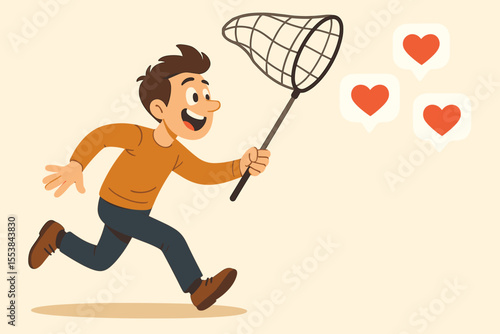 Man chasing social media likes with a net. Concept of internet addiction and online popularity. Metaphor for seeking digital validation, approval, and engagement on social networks.